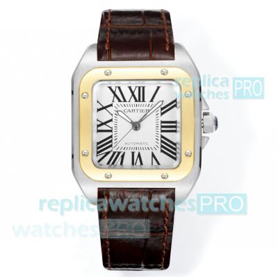 Swiss Copy Cartier Santos 100th Anniversary Watch 35.6mm Gold Bezel Leather Bracelet 
